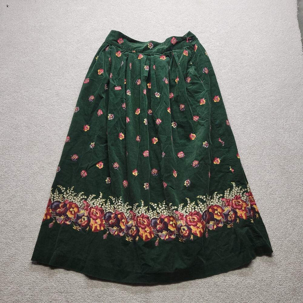 Vintage Herman Geist Womens 10 Green Floral Corduroy Midi Skirt Cottagecore